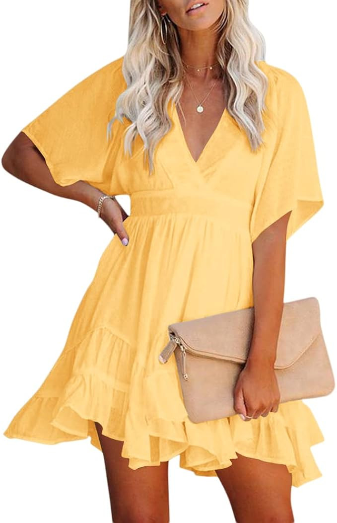 Esobo Women's Summer V-Neck Short Sleeve Flared Dresses Solid Color Casual Ruffle Hem Mini Swing ... | Amazon (US)