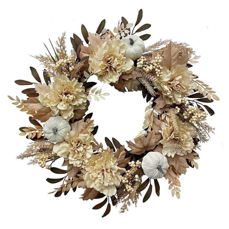 Pumpkin & Peony Wreath, 24", White, Polyester, sold by At Home | At Home