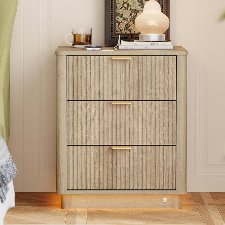 Fluted Nightstand, Curved Night Stand with Charging Station Lighting, Wood End Table with 3 Drawe... | Amazon (US)