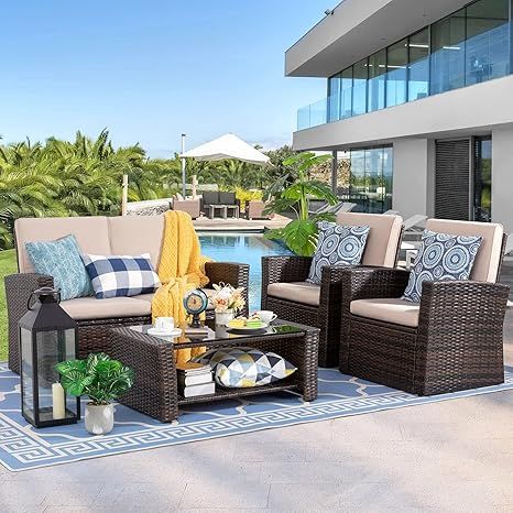 Shintenchi 4-Piece Outdoor Patio Furniture Set, Wicker Rattan Sectional Sofa Couch with Glass Cof... | Amazon (US)