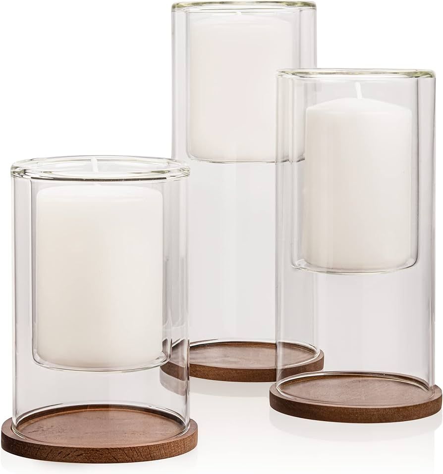 Set of 3 Glass Hurricane Candle Holders with Beech Wood Coasters, Crystal Clear Glass Pillar Cand... | Amazon (US)