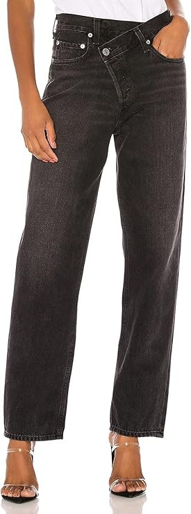 HDLTE Women Baggy Cross Over Jean Asymmetric High Waist Boyfriend Jean Washed Straight Denim Pant... | Amazon (US)