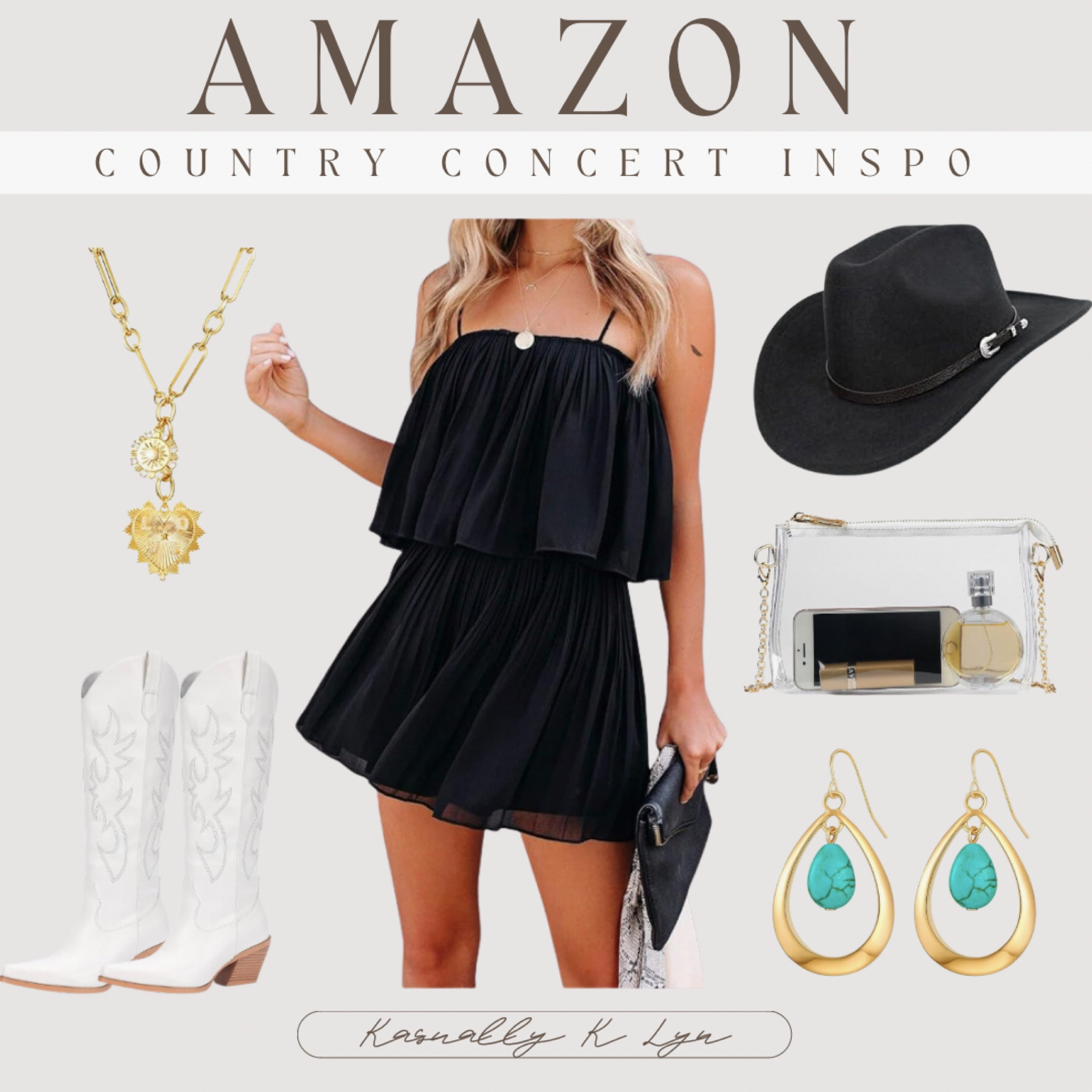 Amazon Country Concert Outfit Inspo!! clear transparent purse crossbody bag. women knee high white cowboy boots with classic embroidery. black flowy summer romper dress spaghetti strap. classic western cowboy hat with a wide brim. chunky gold heart pendant necklace. turquoise and gold dangle earrings. 


#LTKStyleTip #LTKU #LTKTravel