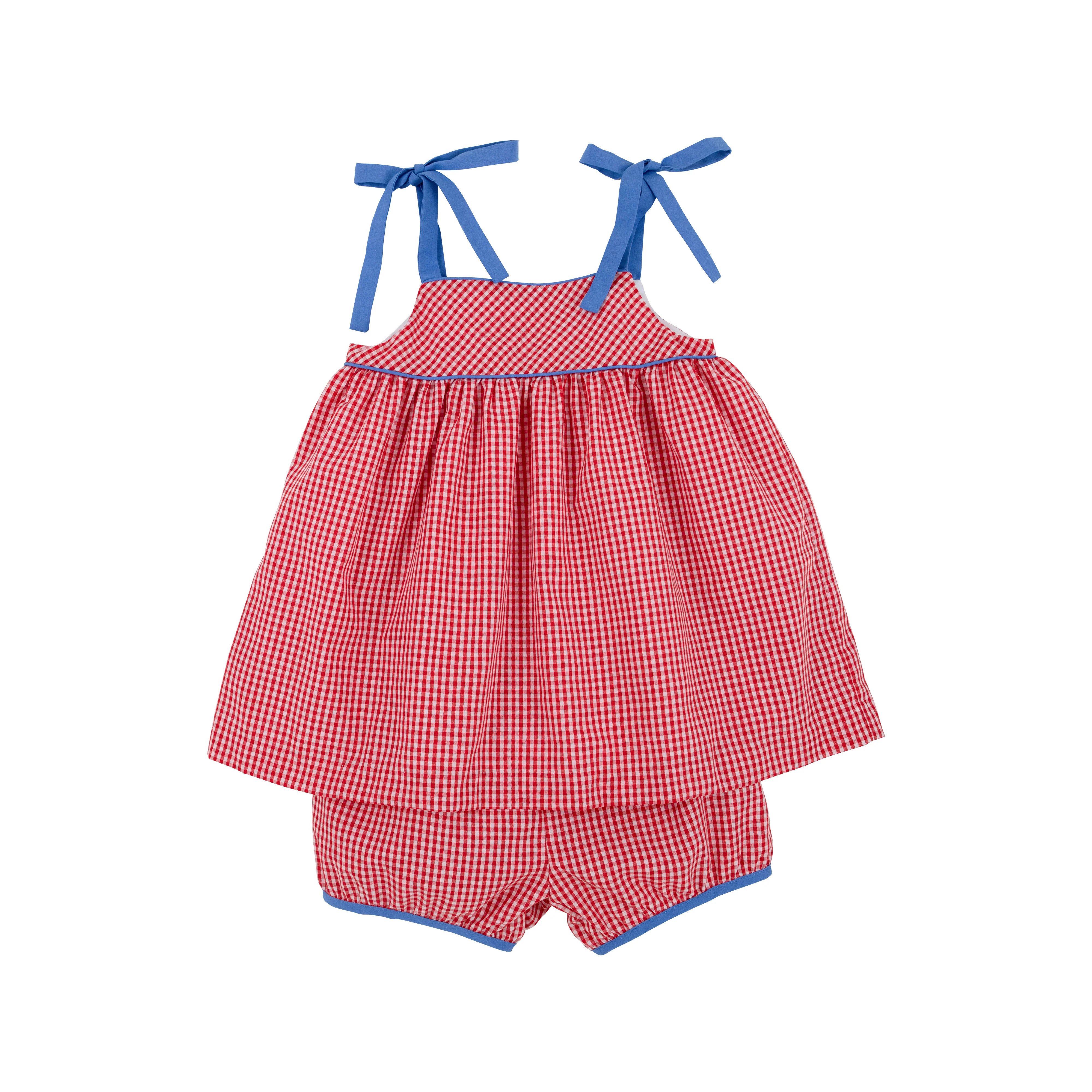 Idabelle Bloomer Set - Richmond Red Mini Gingham with Barbados Blue | The Beaufort Bonnet Company