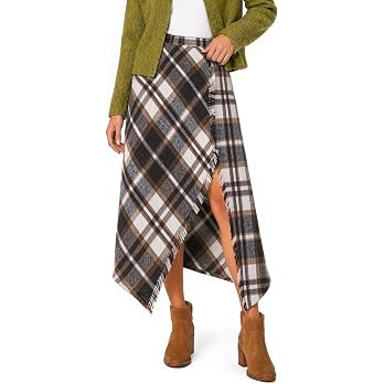 Plaid Skirts for Women Wrap Asymmetrical Hem Tartan Slit Midi Skirt | High Waisted, A Line, Vinta... | Amazon (US)