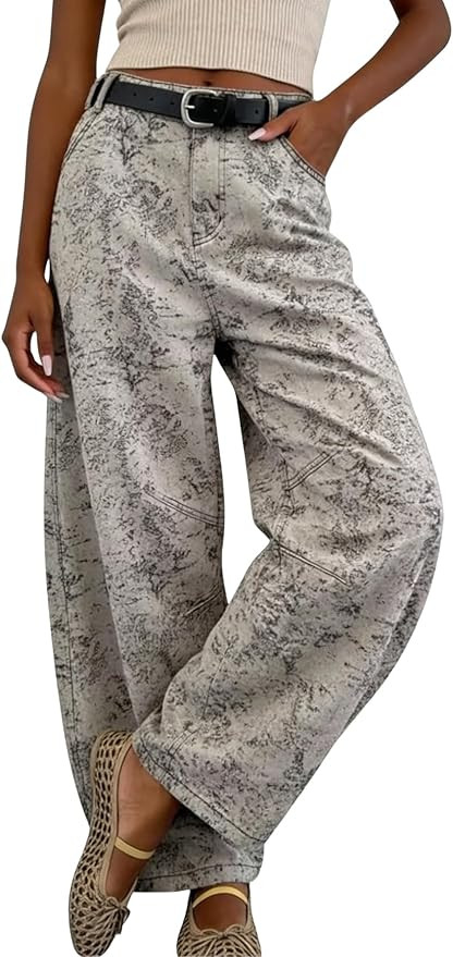 chouyatou Women Casual Floral Printed Baggy Barrel Jeans Y2K Crop Wide Leg Jeans Boyfriend Denim ... | Amazon (US)