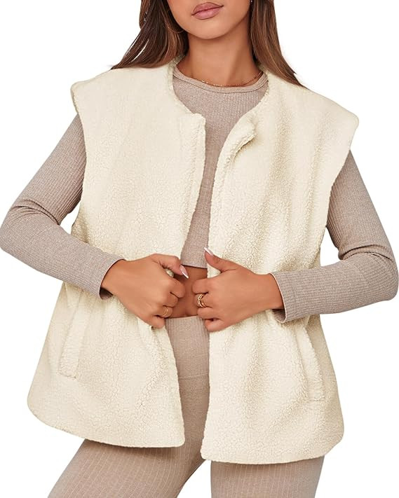 Tankaneo Womens Oversized Fuzzy Fleece Vest Outwear Cap Sleeve Casual Fall Sherpa Jackets | Amazon (US)