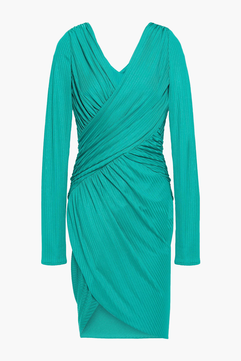 Wrap-effect ruched metallic ribbed-knit mini dress | The Outnet (US and CA)