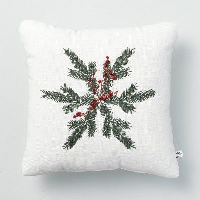 14" x 14" Foliage Snowflake Seasonal Throw Pillow Green/Red - Hearth & Hand™ with Magnolia | Target