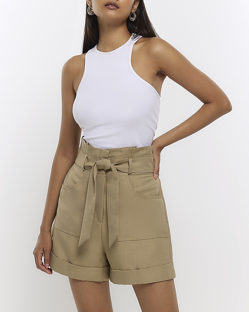 Khaki twill tie waist shorts | River Island (UK & IE)