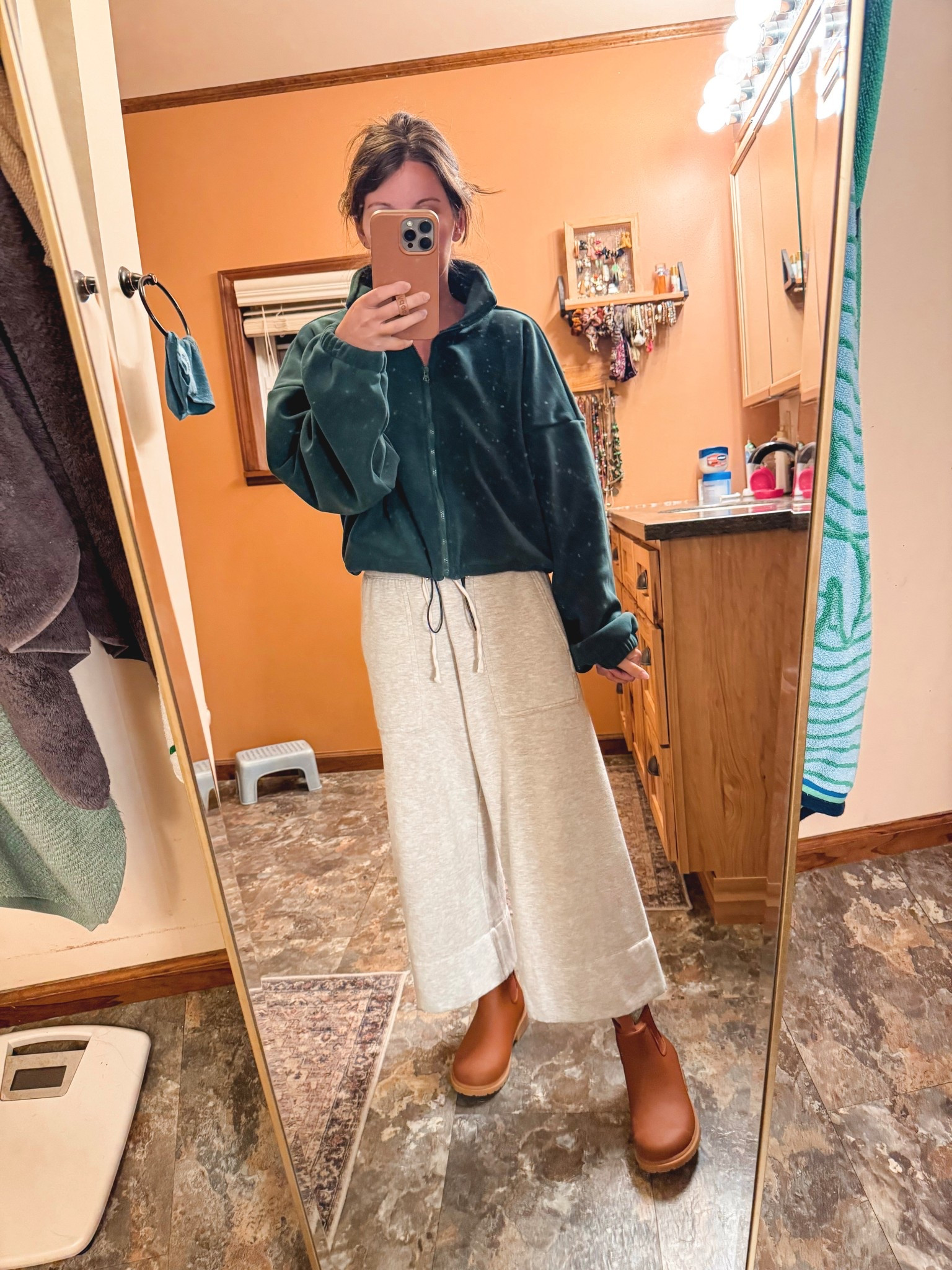 Sorry about my dusty mirror, i’ve been sick.🤧 
My fleece zip up is size small (forest green) and my wide leg sweatpants are size small too (I’ve had for 3 years and they’re some of my faves!). My boots are size 6.5. All the pieces are so comfy 🙌🏽

#LTKPetite #LTKFindsUnder100 #LTKootd