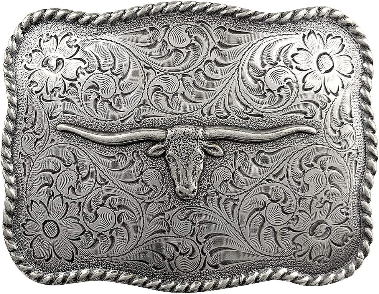 Sterling Silver Plated Texas Longhorn Steer Engraved Western Belt Buckle | Amazon (US)