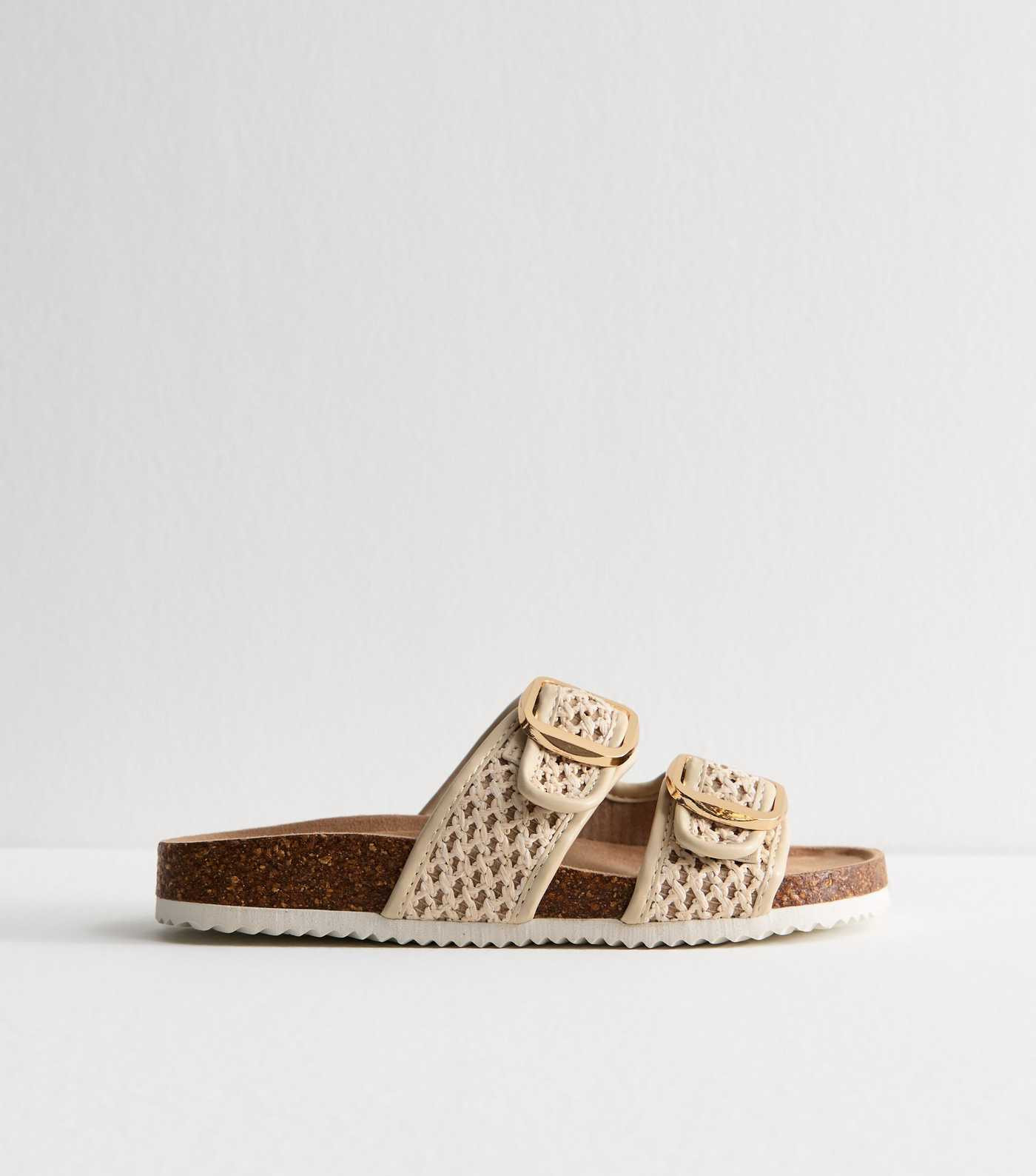 Wide Fit Cream Raffia Look Double Strap Sandals | New Look | New Look (UK)