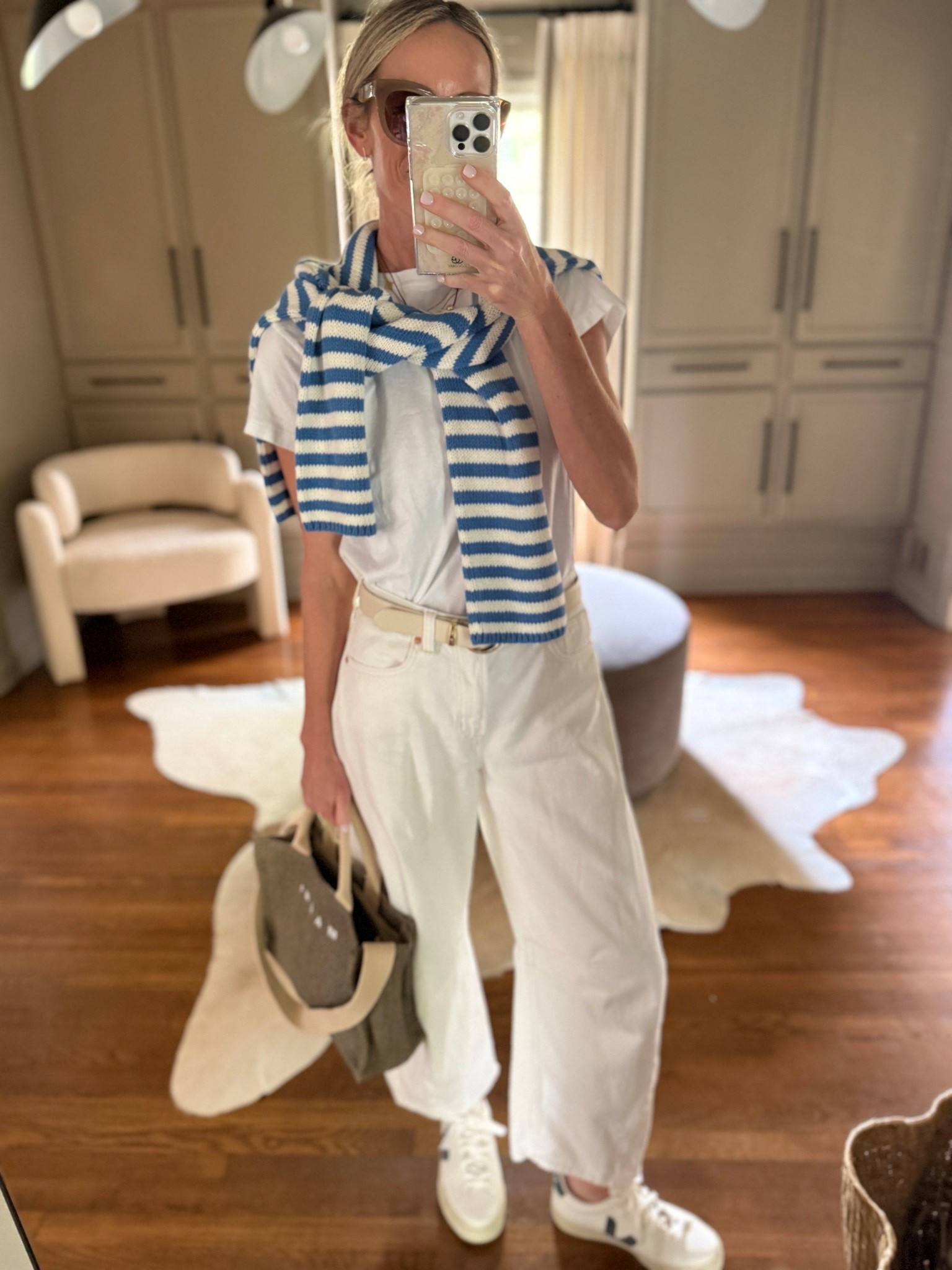 Baseball Game OOTN // size up a couple on this sweater if you plan on wearing draped like this! It’s such a good well made sweater. Jeans are the comfiest ever and feel like sweatpants. Old navy tee 😍