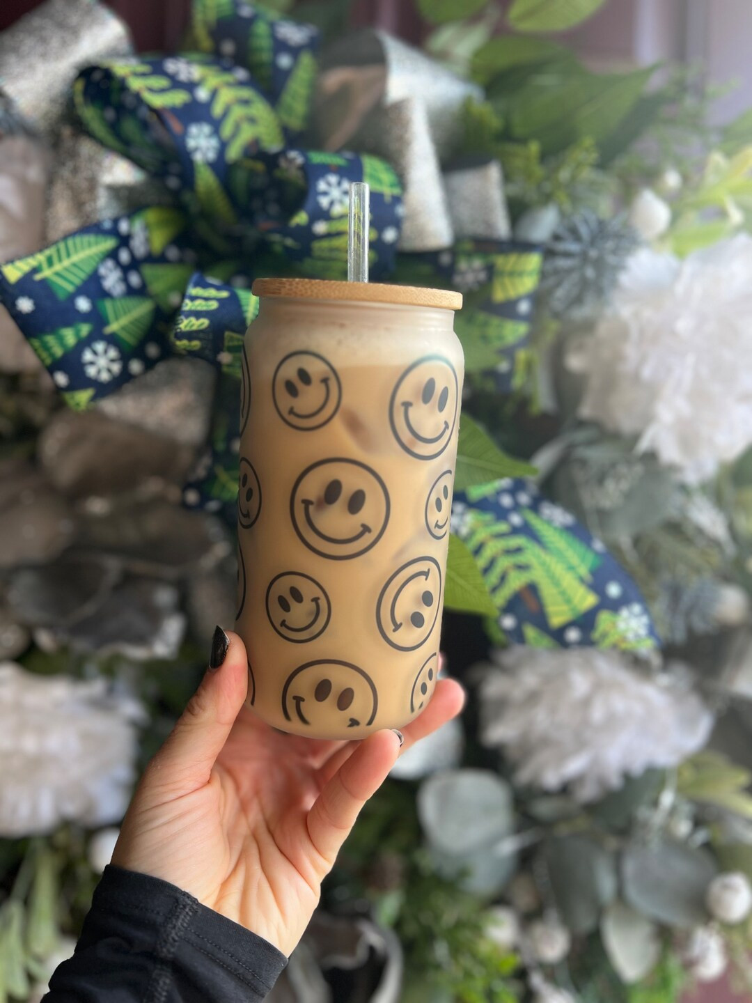 Smiley Face Frosted Glass Can | Frosted 18oz Can | Cute Smiley Face Glass Can | Gift for Her | Gi... | Etsy (US)