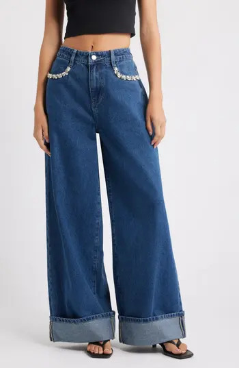 PTCL Embellished High Waist Cuffed Wide Leg Jeans in Rinse Wash at Nordstrom Rack, Size 27 | Nordstrom Rack