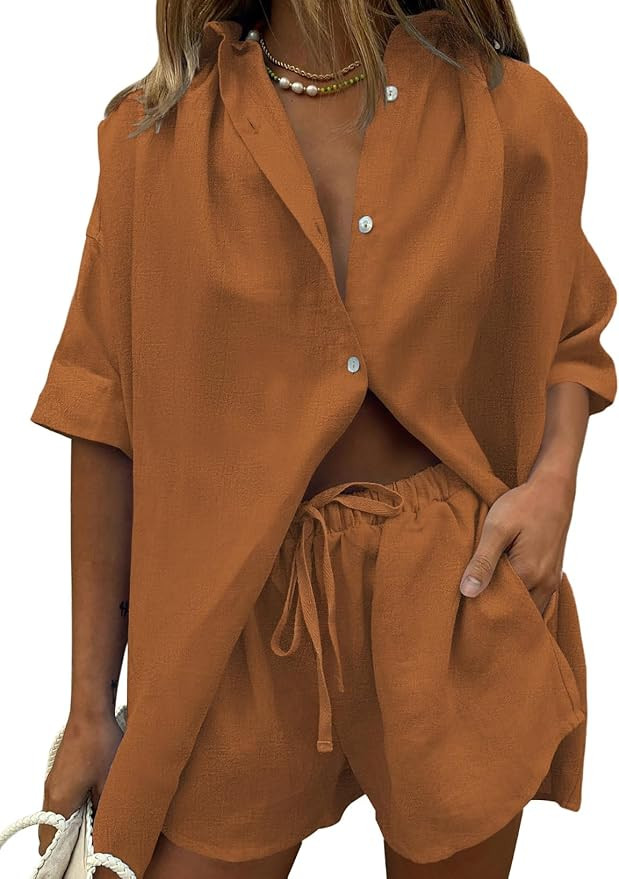 Fixmatti Women 2 Piece Outfits Long Sleeve Button Down Blouse and Shorts Sweatsuit Sets | Amazon (US)