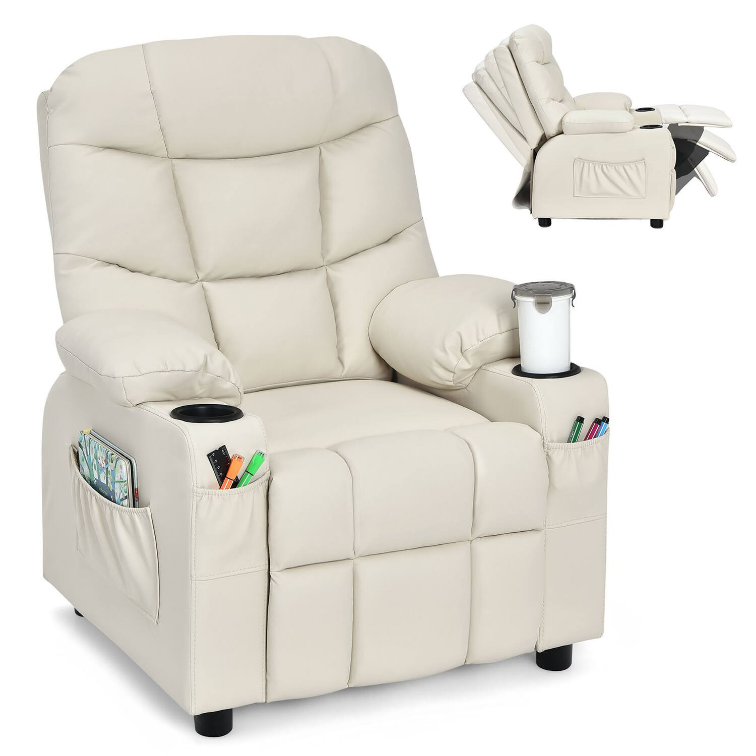 Costway - Kids Youth Recliner Chair PU Leather w/Cup Holders & Side Pockets - Beige | Best Buy U.S.