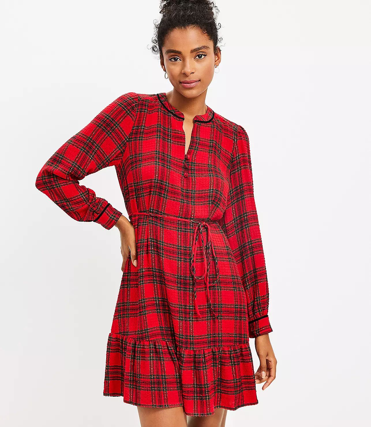 Petite Shimmer Plaid Flounce Swing Dress | LOFT