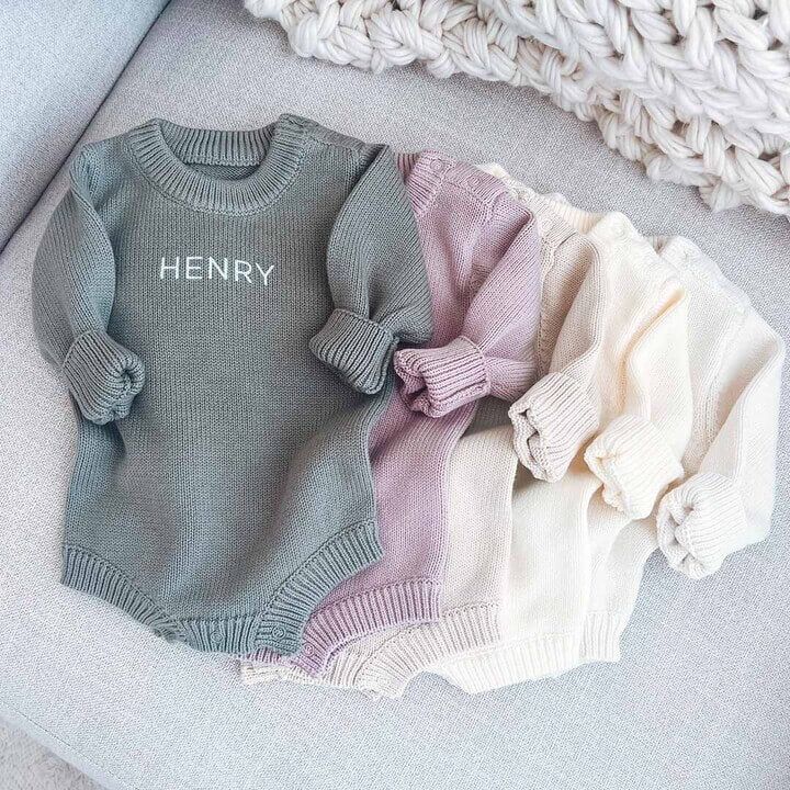 Personalized Knit Sweater Bubble Romper | Solid | Caden Lane