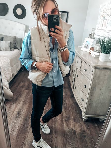 Dark jeans, cropped button down from Old Navy ( more colors, fits tts) cropped puffer vest from Amazon (fits tts) Adidas sneakers, amazon sunglasses 

Casual outfit, amazon fashion, Amazon finds, travel outfit, weekend outfit, jeans, sneakers, every day outfit, fashion over 40

#LTKsalealert #LTKtravel #LTKunder50