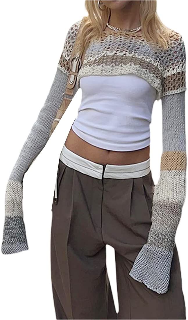 FeMereina Womens Y2K Knitted Crop Tops Shrugs Crochet Hollow Out Long Sleeve Sweater Pullover Bol... | Amazon (UK)