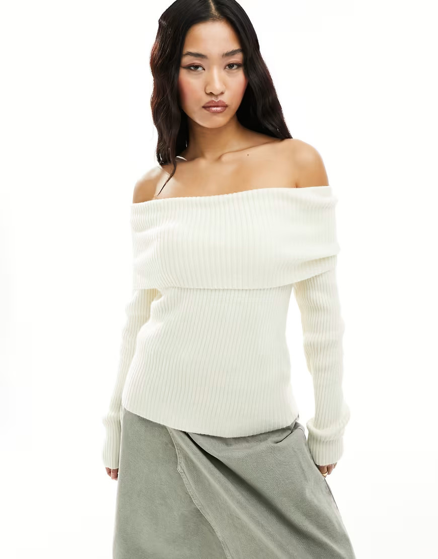 ONLY off the shoulder knit sweater in cream-White | ASOS (Global)