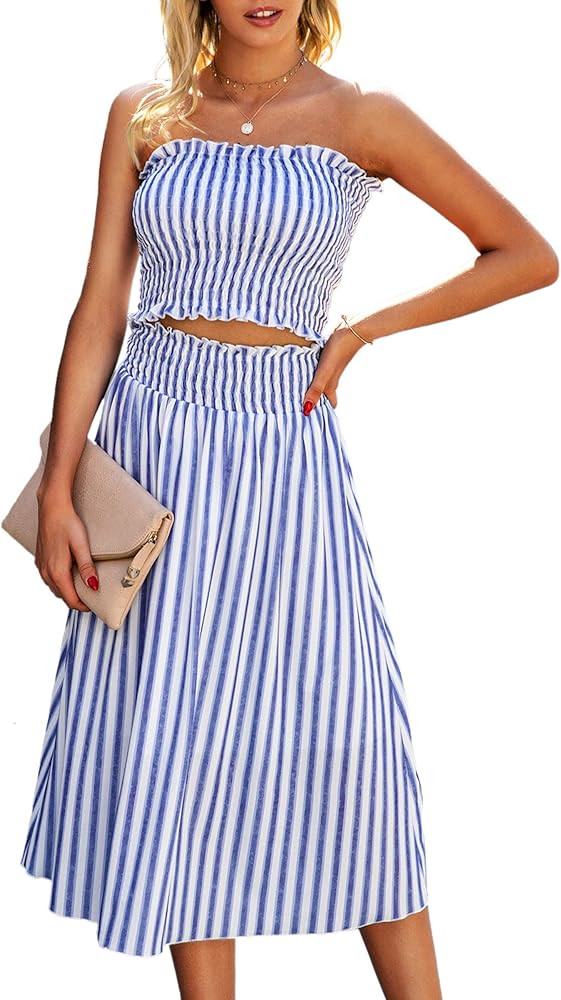 Angashion Women's Floral Crop Top Maxi Skirts Set 2 Piece Outfit Dress | Amazon (US)