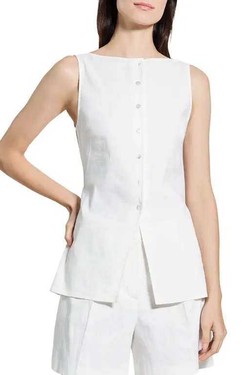 Theory Boatneck Sleeveless Linen Blend Button-Up Shirt in White at Nordstrom, Size Large | Nordstrom