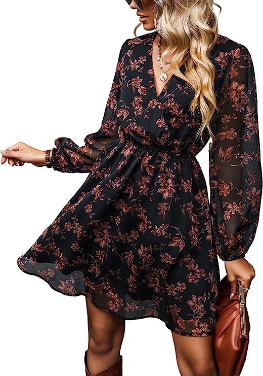 CUPSHE Women's Floral Print Chiffon A-Line Mini Dress Long Peasant Sleeves Elastic Autumn Dress | Amazon (US)