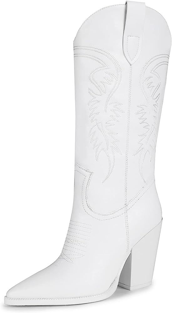 ISNOM Cowgirl Boots for Women, Embroidered Pointed Toe Chunky Heel Western Boots | Amazon (US)