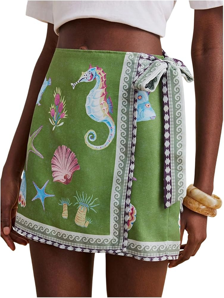 RoseSeek Women's Boho Starfish Shell Print Wrap Skirt High Waisted A Line Mini Skirt Vacation Sko... | Amazon (US)