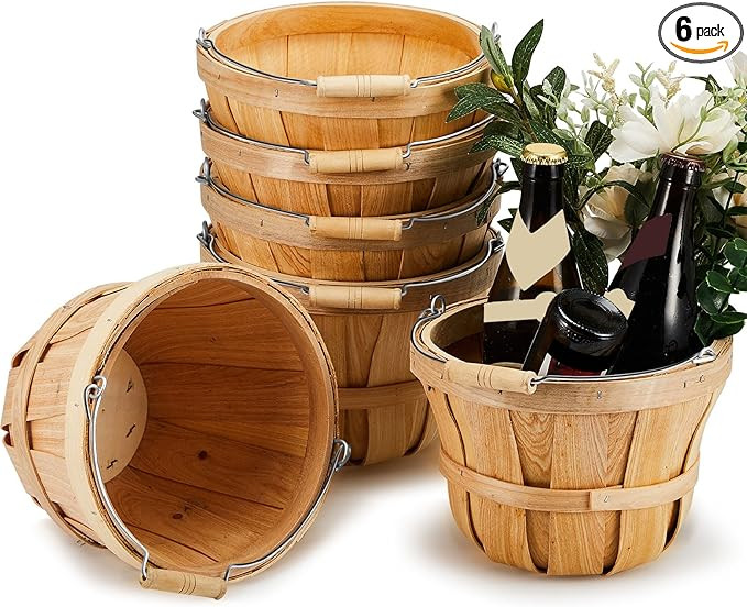 6 Pack Round Wooden Fruit Baskets Small Bushel Apple Buckets with Handle Display Buckets for Gift... | Amazon (US)