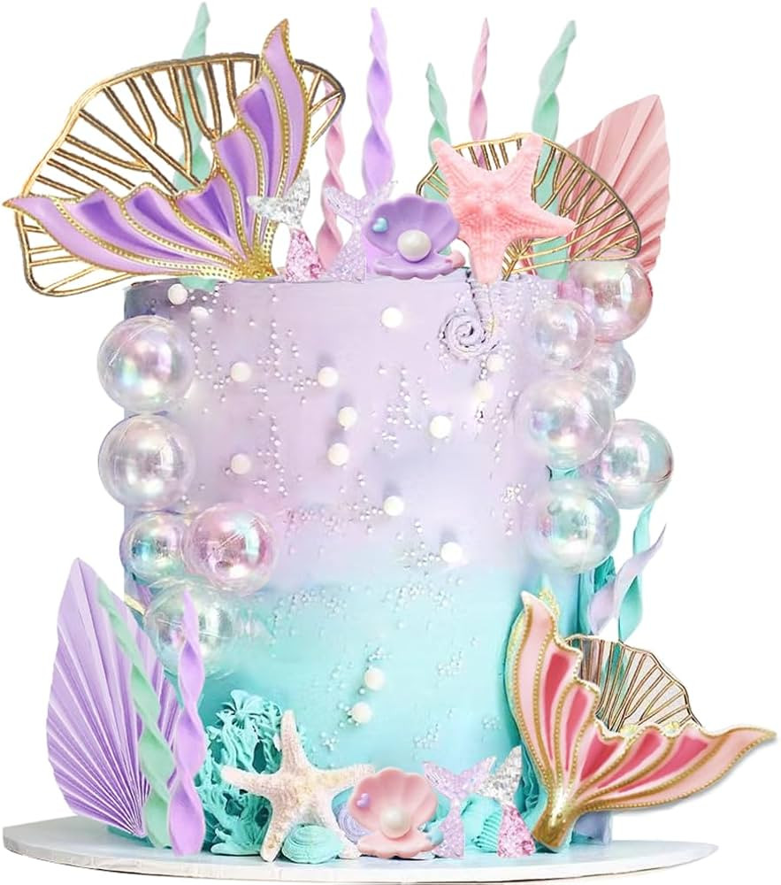 Mermaid Cake Topper Big Mermaid Tails Seaweed Bubbles Shells and Golden Ginkgo Leaves Cake Set fo... | Amazon (US)