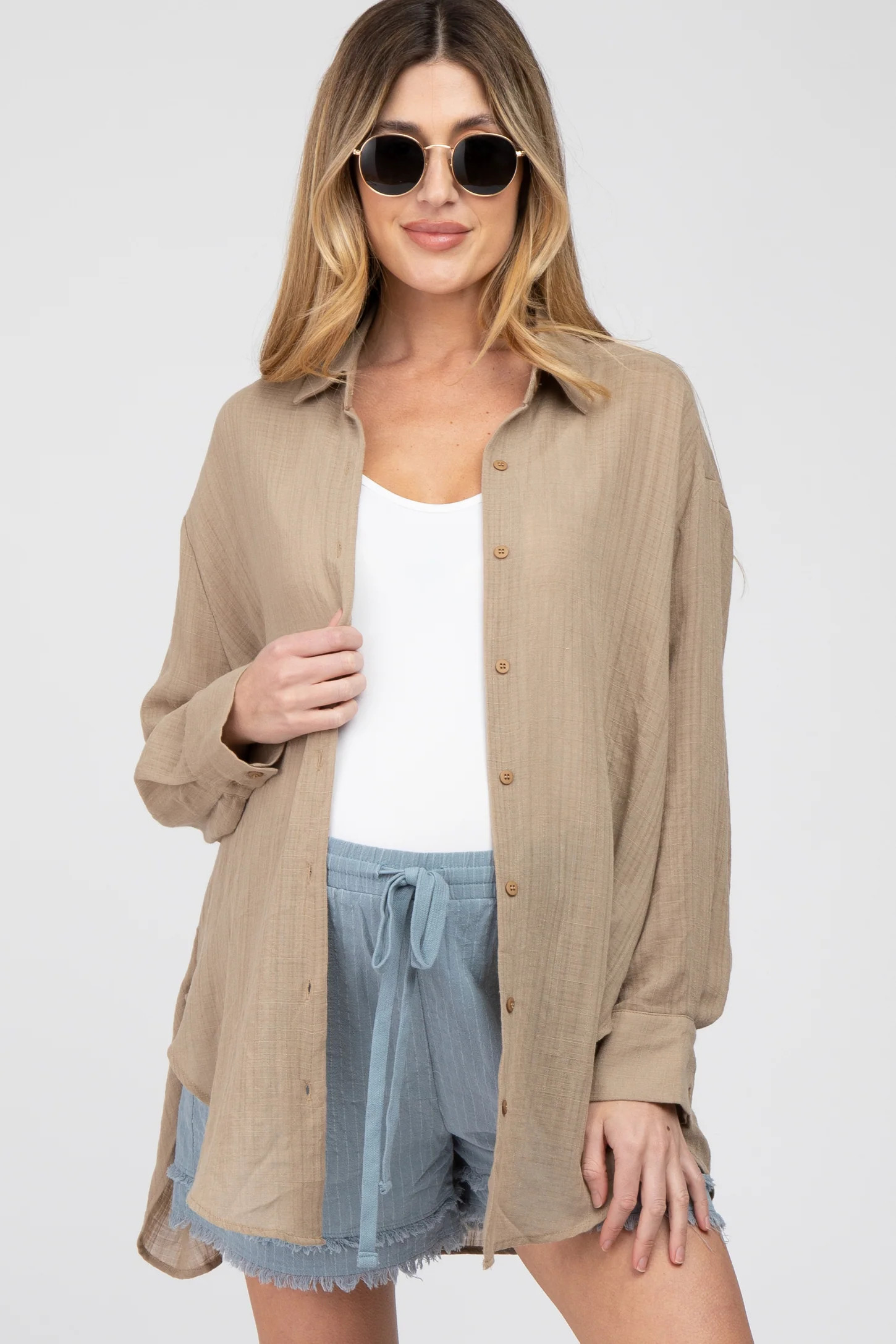 Beige Lightweight Sheer Button Down Maternity Blouse | PinkBlush Maternity