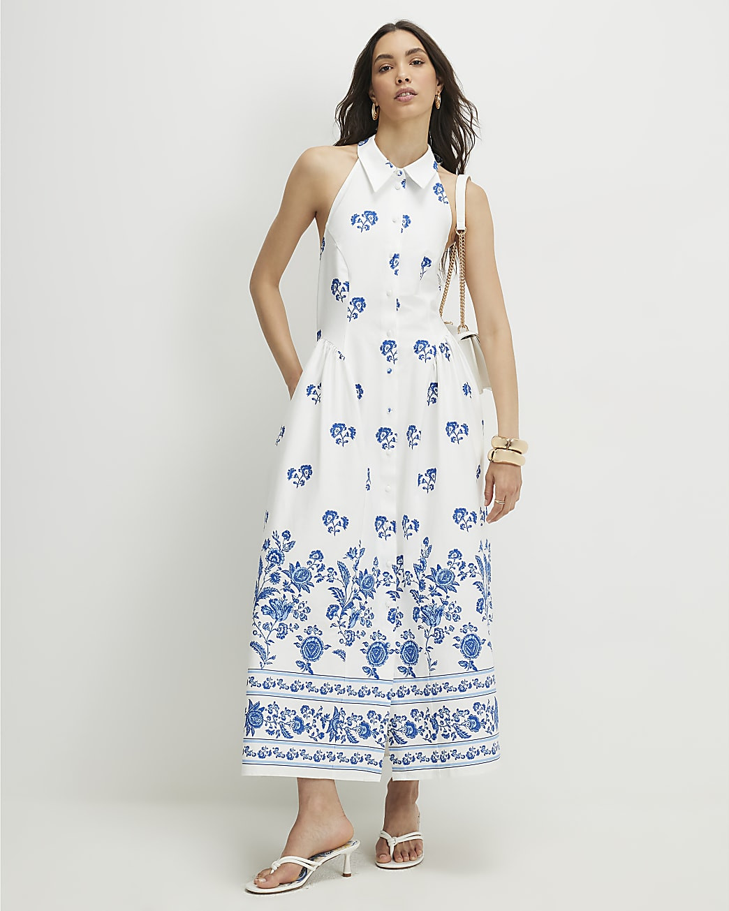 Cream Floral Halter Neck Maxi Shirt Dress | River Island UK & IE