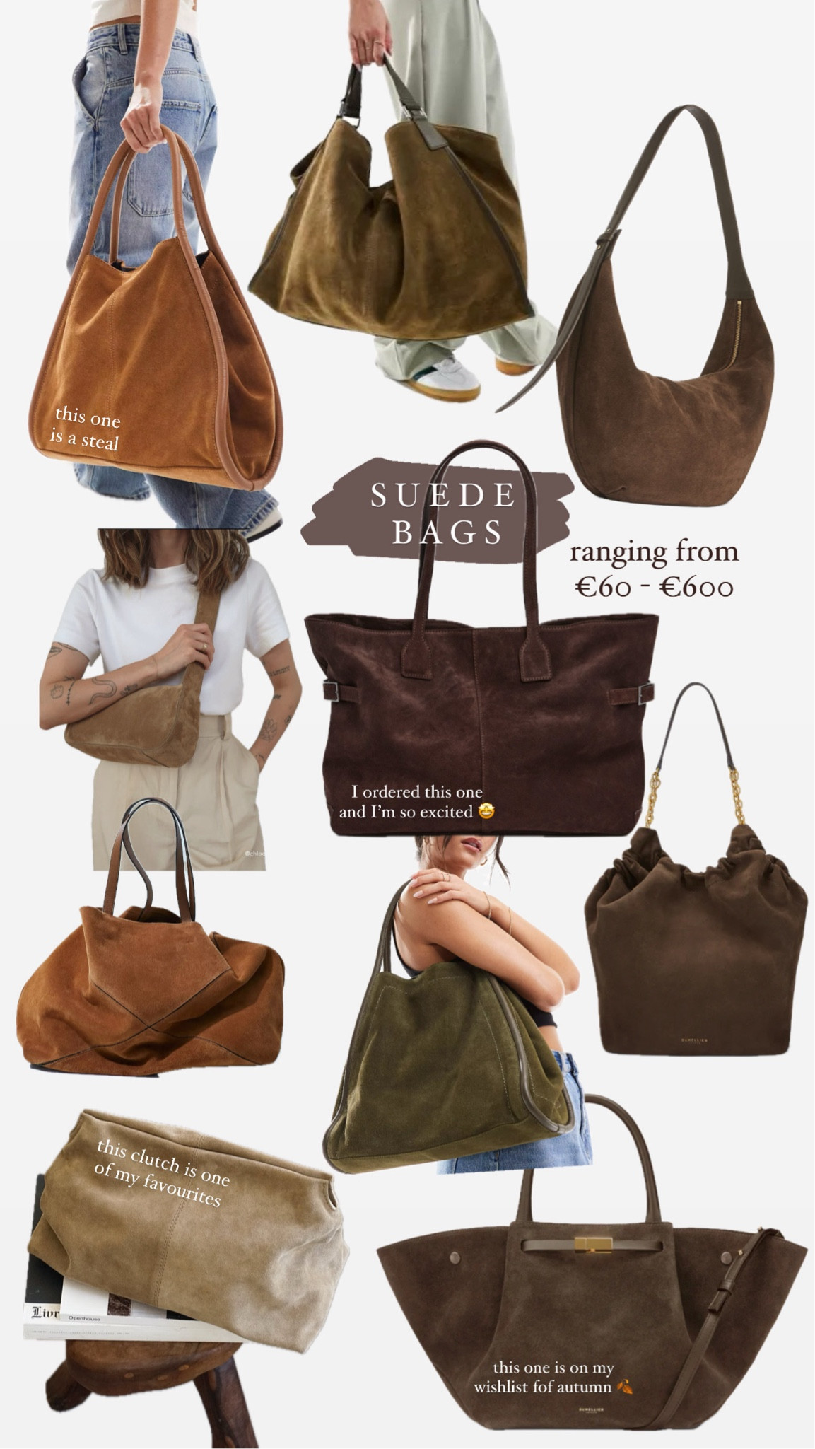 My favourite suede bags on the highstreet ranging from €60 to €600 🍂🍁💼 demellier suede bag, flattered suede bag, asos suede bag, Arket suede bag, 

#LTKluxury #LTKautumn #LTKbag