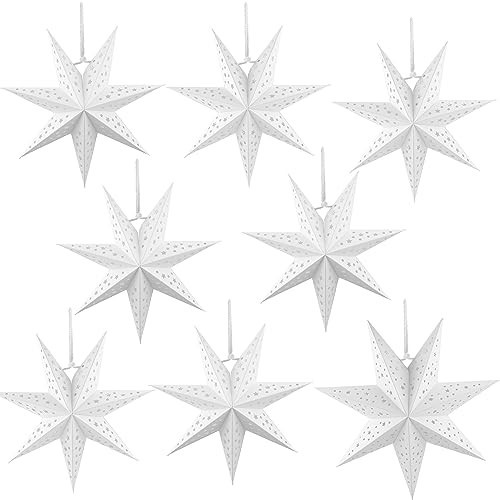 Haconba 8 Pack 3D Paper Stars 7 Pointed Hanging Star Paper Lanterns Lampshade Hollow Paper Star Lantern for Christmas Wedding Home Birthday Party Decorations, 3 Size | Amazon (US)