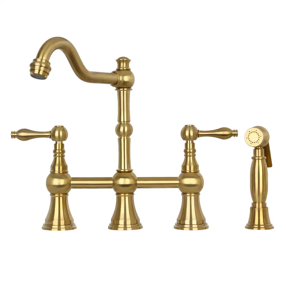 Akicon Brass Gold Double Handle Deck-mount Bridge Kitchen Faucet (Includes Side Sprayer) | AK718-BTG | Lowe's