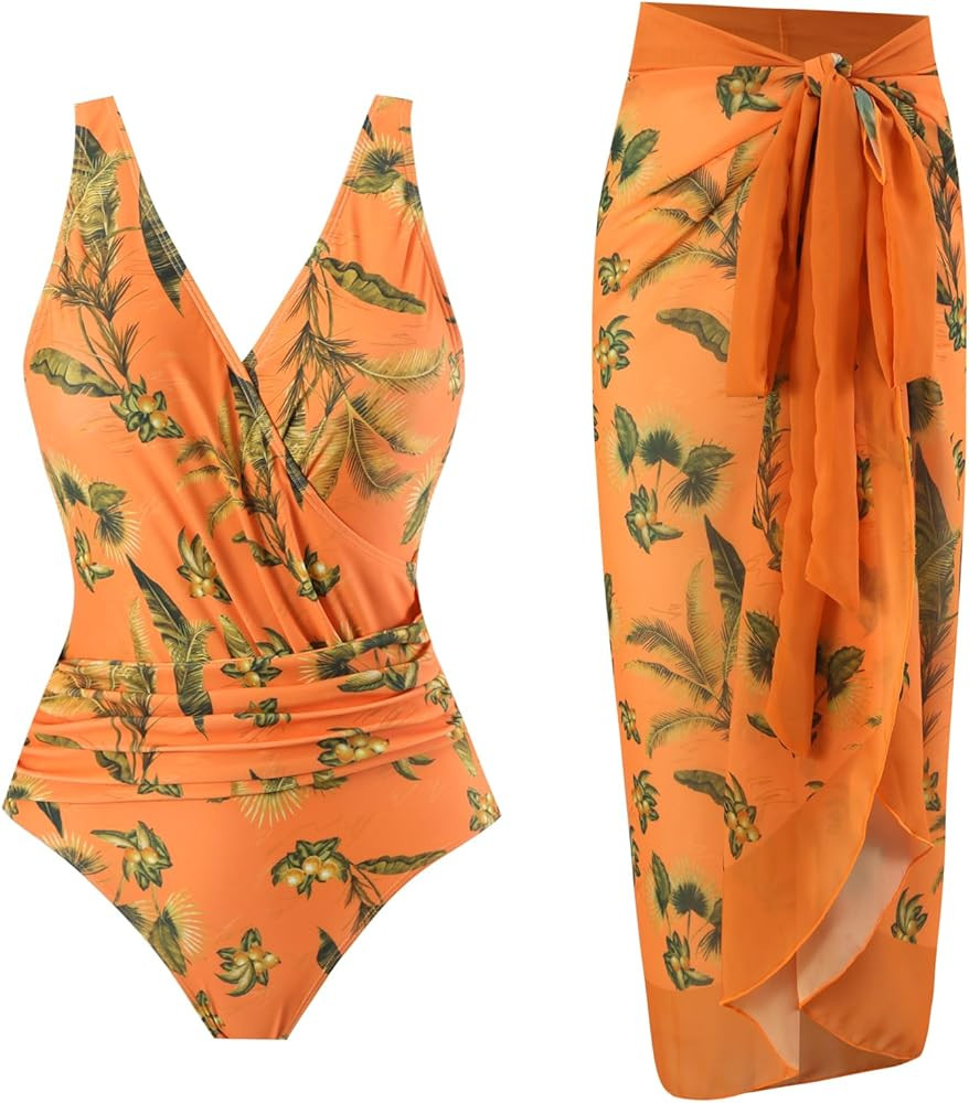 Womens One Piece Swimsuit with Beach Cover up Wrap Skirt Flower Print Summer Sexy Bikini Set Two ... | Amazon (US)