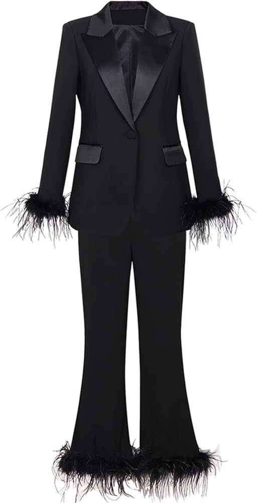 GR-200 Two-Piece Set for Women Long Sleeve Jackets and Pants with Fluffy Ostrich Feather Slim Fit... | Amazon (US)