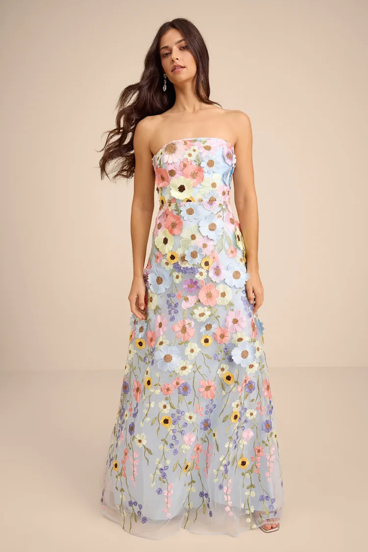 Rosario Light Blue Multi 3D Floral Embroidered Maxi Dress | Lulus