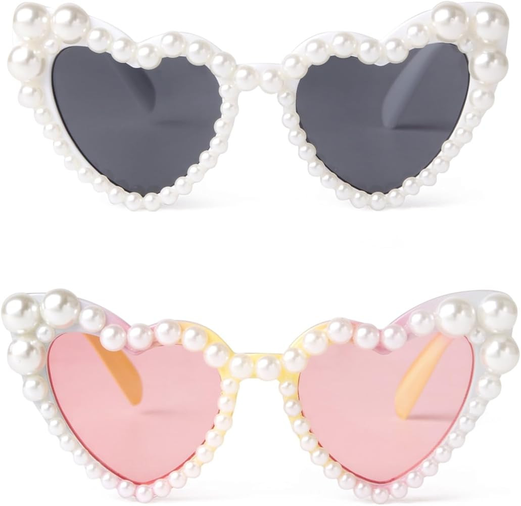 ADE WU Heart Sunglaskses Kids Cute Pearl Heart Shaped Sunglasses for Girls Age 3-8 | Amazon (US)