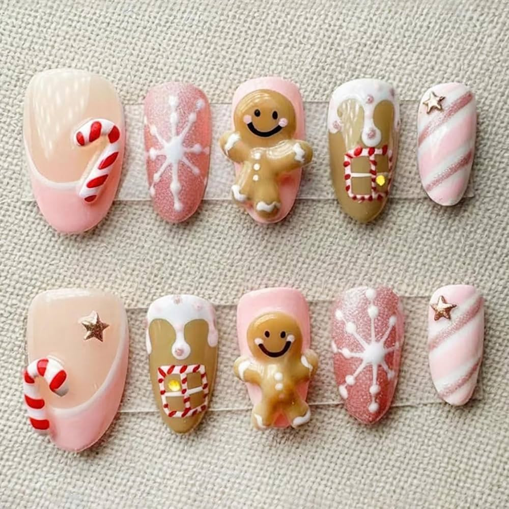 30Pcs Christmas Press on Nails Short Almond Fake Nails Pink French Tip False Nails Cute 3D Ginger... | Amazon (US)
