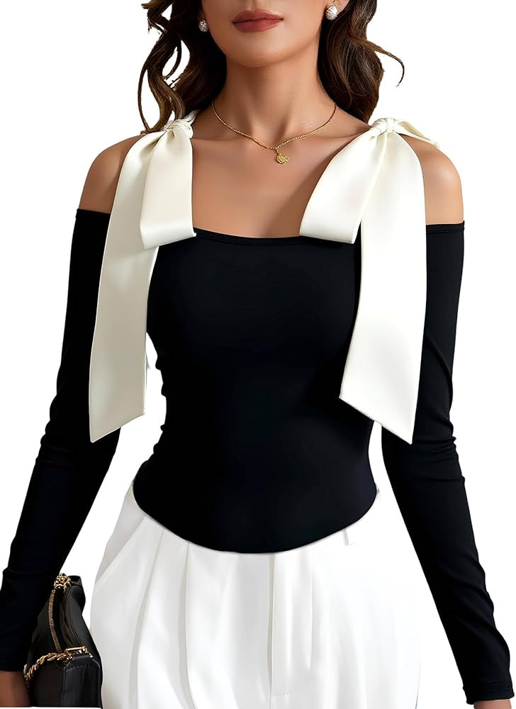 Women's Cold Shoulder T Shirt Bow Tie Long Sleeve Fitted Elegant Going Out Tops | Amazon (US)