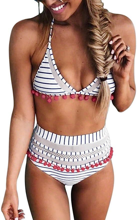 Astylish Women Two Piece Swimsuits Sexy Halter String Triangle Print Bikini Sets | Amazon (US)