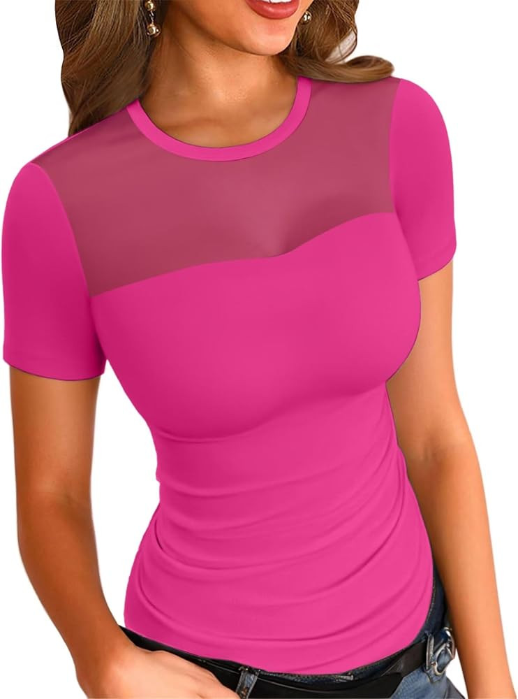 VICHYIE Womens Summer Short Sleeve Tops Sheer Mesh Square Neck Ribbed Slim Fitted Shirts Casual T... | Amazon (US)