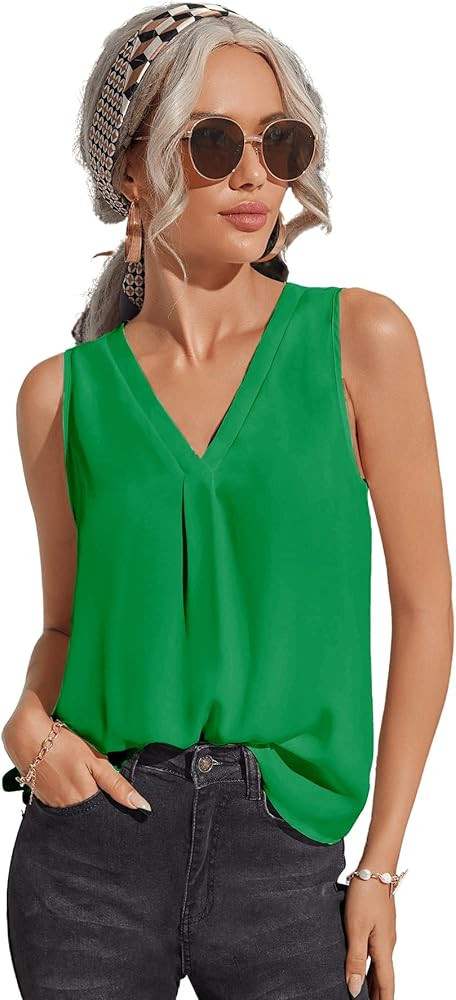 Milumia Women's Elegant Sleeveless V Neck Work Office Pleated Tank Top Shirt | Amazon (US)