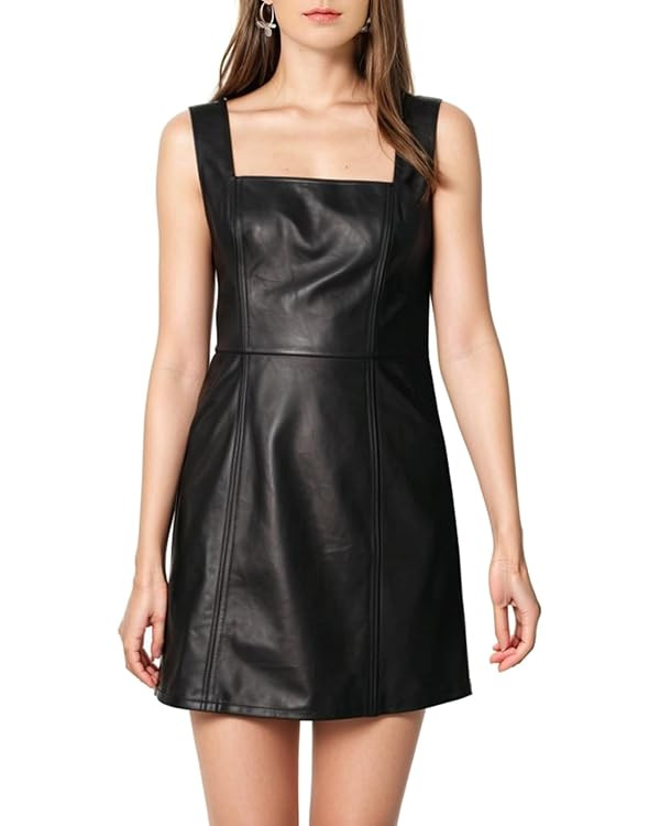 GOOHO Women's Faux Leather Square-Neck Mini Pinafore Overall Dress | Amazon (US)