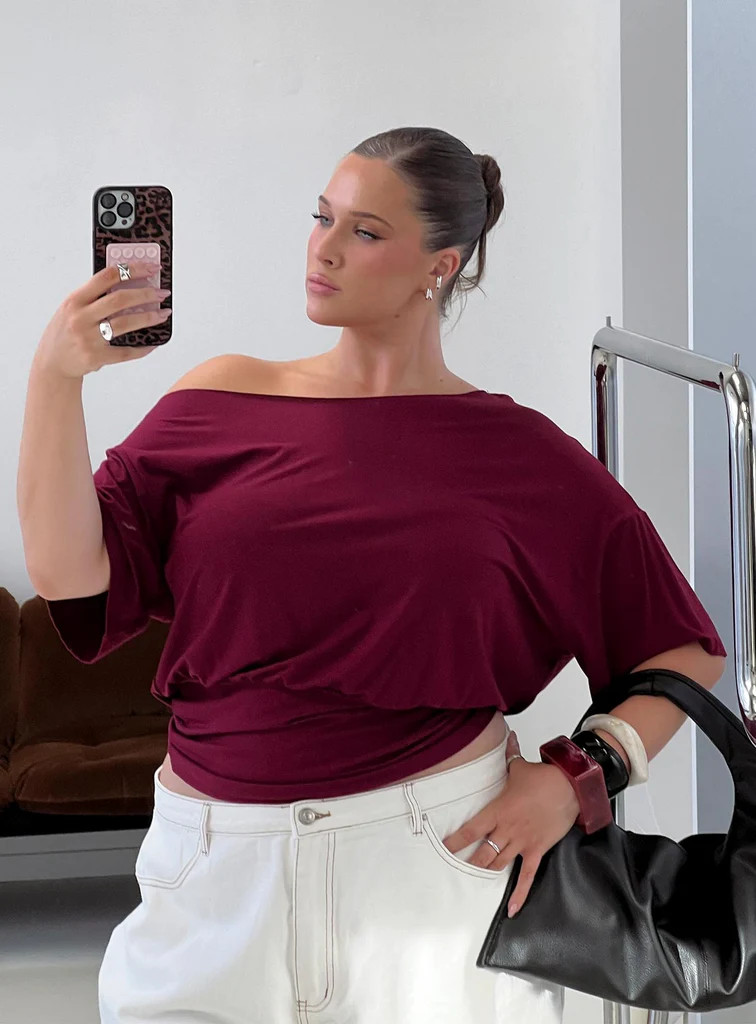Ashlinn Off Shoulder Drapey Top Cherry Lacquer Curve | Princess Polly US